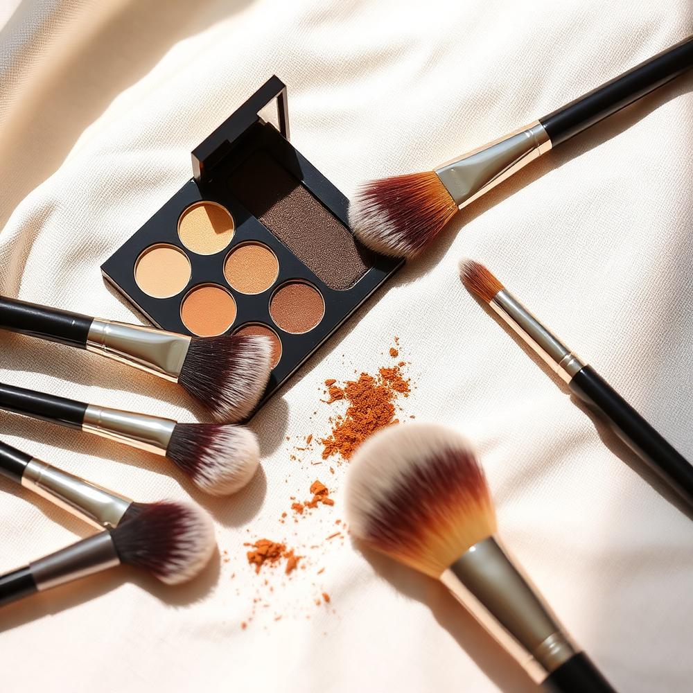 Makeup brushes and a neutral brown eyeshadow palette on cream linen