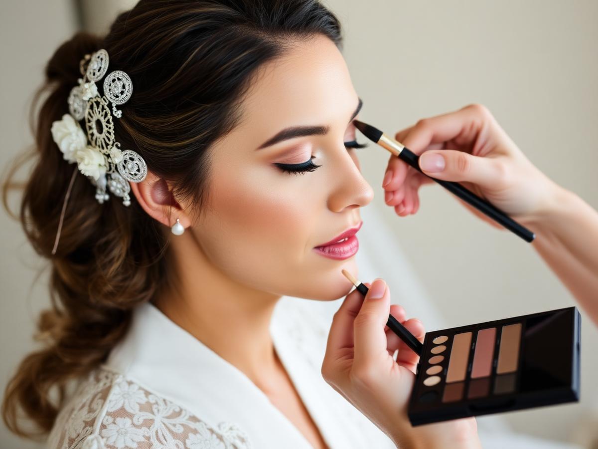Makeup artist applying eyeshadow to a bride at Colure Beauty